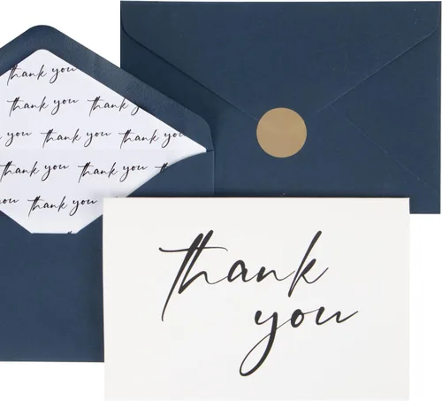 AZAZA 50 tarjetas de agradecimiento al por mayor con sobres de 4x6 pulgadas, tarjetas de agradecimiento azul marino con 2 diseños minimalistas, azul
