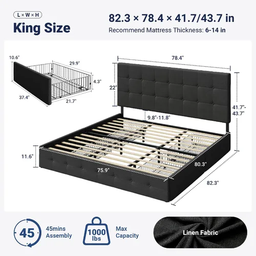 Miniatura 2 de Allewie - Base de cama con plataforma de tamaño King, tapizada, con 4 cajones de almacenamiento y cabecera, diseño cosido en cuadrados con botones