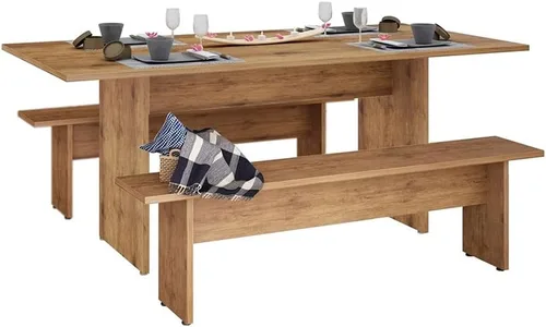 Miniatura 5 de Manhattan Comfort Nomad - Juego de comedor de 3 piezas para 6 personas con mesa de cocina moderna y 2 bancos, muebles de granja con acabado de grano
