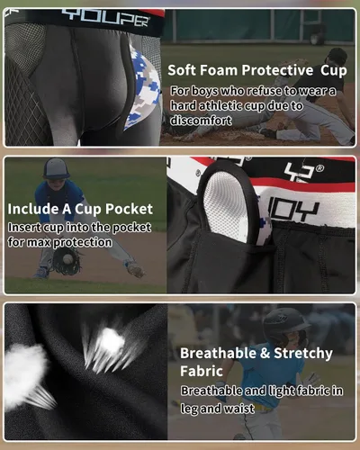 Miniatura 3 de Youper Youth Elite - Pantalones cortos acolchados deslizantes de béisbol con copa atlética suave Negro