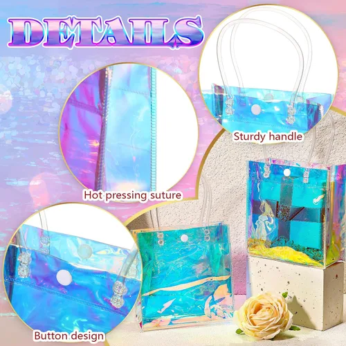 Miniatura 3 de Sherr 16 piezas bolsas de regalo pequeñas holográficas reutilizables iridiscentes transparentes para mujeres, portador de plástico de PVC con asas