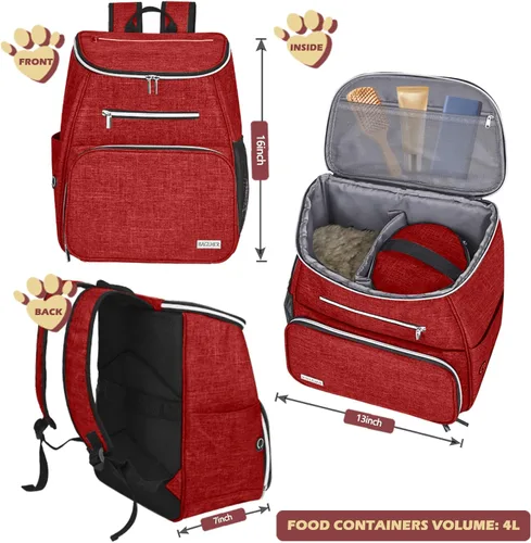 Miniatura 3 de BAGLHER Mochila de viaje para perros, mochila de suministros para mascotas aprobada por aerolíneas, mochila de viaje para perros con 2 cuencos Rojo