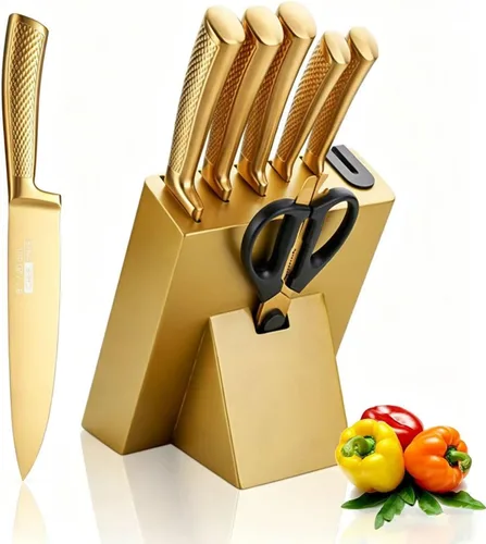Juego de cuchillos de cocina dorados de lujo con bloque de madera, 8 cuchillos de chef con revestimiento de titanio, aptos para lavavajillas,