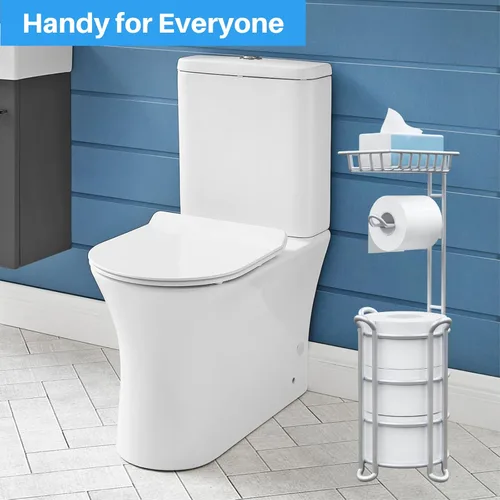 Miniatura 6 de Soporte de papel higiénico con estante para teléfono, soporte de almacenamiento y dispensador de rollos de papel higiénico de pie para 4 mega Gris