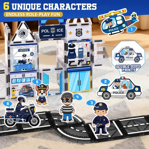 Miniatura 2 de 60 piezas de conjunto de azulejos magnéticos de estación de policía con 6 muñecas magnéticas, bloques de construcción de azulejos magnéticos