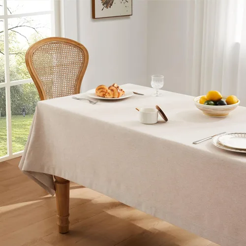 Miniatura 3 de ZeeMart Mantel Básico de Lino Texturizado, 60 x 120 Pulgadas Color Tan Claro, Mantel Rectángulo de Estilo Granja Neutral, Resistente a las Arrugas