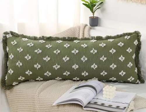 Miniatura 12 de Funda de almohada lumbar larga bohemia de 12 x 36 pulgadas con flecos de borlas, funda de almohada lumbar extra decorativa con patrón de flores 3D