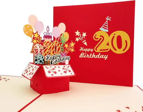 Miniatura 5 de iGifts And Cards Tarjeta desplegable 3D de 20 cumpleaños – Caja de fiesta roja de moda sorpresa con globos, regalos y vibraciones de celebración