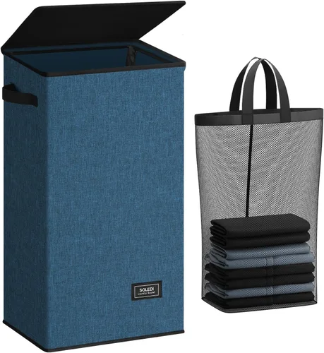 Miniatura 30 de SOLEDI - Canasta de lavandería con tapa de 100L, canasta de ropa plegable grande y alta, cesta de lavandería con bolsa removible fácil