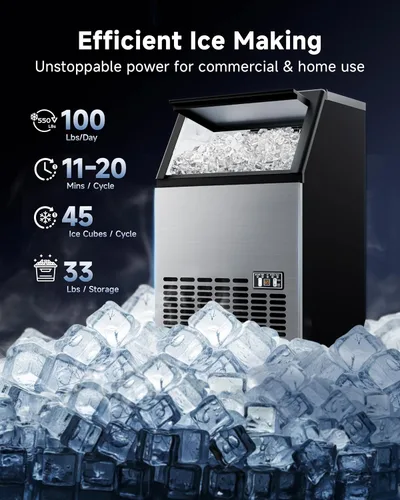 Miniatura 2 de Máquina de hielo comercial, 100 libras/día, 45 cubos en 11 minutos, máquina de hielo debajo del mostrador con almacenamiento de 33 libras, plateado