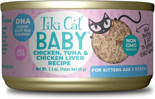 Tiki Cat Baby, Trozos de Pollo, Atún y Hígado de Pollo, Alimento Húmedo para Gatitos de Alta Proteína y Sabroso de 8 Semanas en Adelante, Latas de