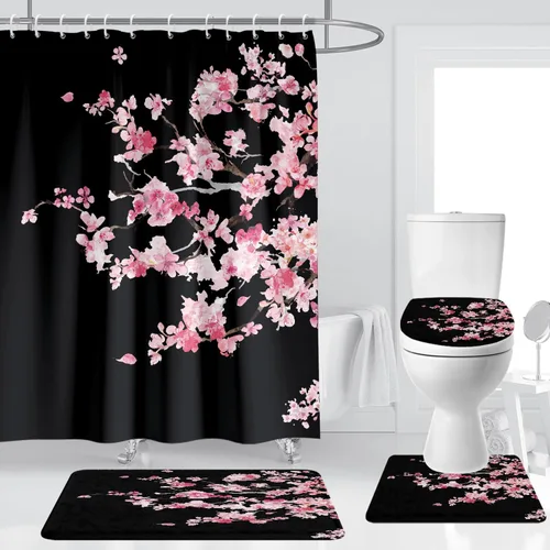 4 Pcs Pink Cherry Blossom Shower Curtain Set 60x72 Inch Black Floral Sakura Tree Gothic Style Japanese Anime Bathroom Decor with Non-Slip Rug Toilet