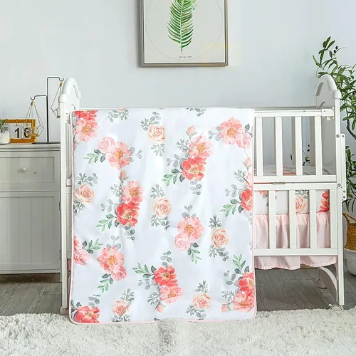 La Premura Juego de ropa de cama para cuna de bebé para niñas, diseño floral de acuarela de 3 piezas, tamaño estándar, para bebé, color rosa pastel