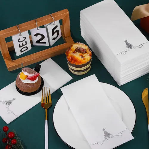 Miniatura 4 de 100 paquete de servilletas desechables de Navidad para invitados 12 x 17 pulgadas Árboles de Navidad de papel de aluminio plateado Toallas de mano