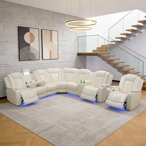 Miniatura 46 de Juego de sofá modular reclinable eléctrico para sala de estar, juego de sofá reclinable de cuero con luces LED / almacenamiento oculto, sofá