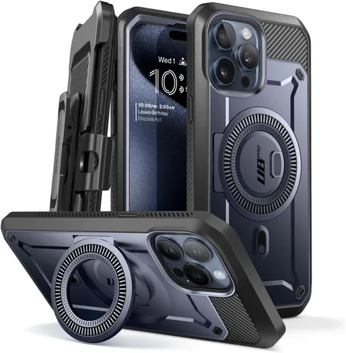 SUPCASE Funda para iPhone 15 Pro con soporte (Unicorn Beetle Pro Mag), protector de pantalla integrado y clip para cinturón, compatible con MagSafe,
