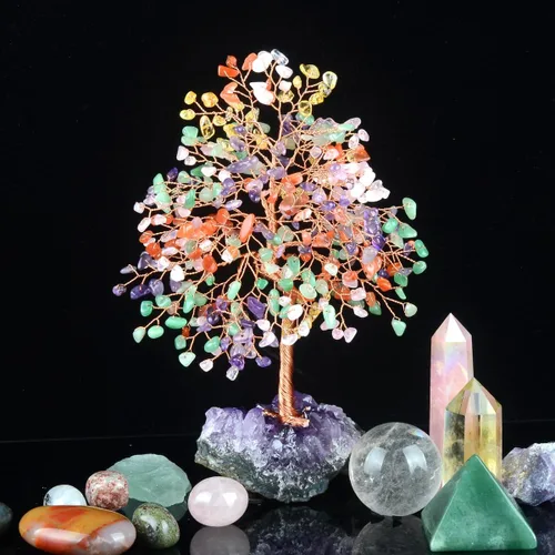 Miniatura 3 de Árbol de Chakra de la Vida de Piedras Preciosas Naturales Árbol de Cristal, Piedras Curativas (406 Piedras) con Racimo de Amatista, Decoración