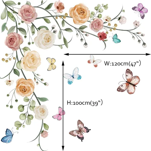 Miniatura 4 de Runtoo Pegatinas colgantes de flores y vides, diseño de peonía y mariposas florales para niñas, dormitorio, sala de estar, fondo de TV, decoración