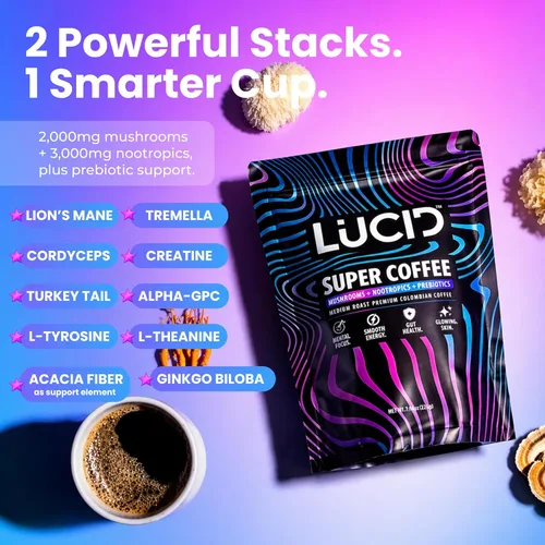 Miniatura 3 de Lucid Superfood Café Orgánico de Hongos con Nootrópicos - Melena de León, Tremella, Cordyceps y Cola de Pavo - Café Instantáneo de Hongos