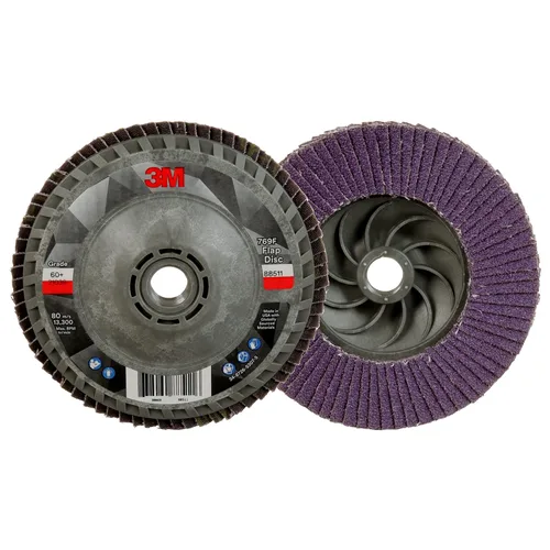 Miniatura 38 de 3M Disco de Solapa 769F, Tipo 27, 80+, 4-1/2 in x 7/8 in, Abrasivo de Alto Rendimiento, Disco de Rectificado y Acabado de Grano Cerámico