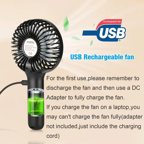 Miniatura 5 de Miady Paquete de 2 ventiladores portátiles mejorados de 5000mAh, ventilador de mano mini USB de 3 velocidades, viento fuerte, tiempo