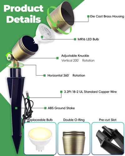 Miniatura 7 de Luz de paisaje de latón de bajo voltaje, foco sólido para exteriores con bombilla LED MR16 reemplazable de 5 W, 2700 K blanco cálido, iluminación