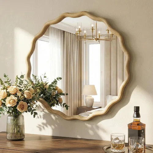Miniatura 5 de Espejo de baño para pared, 24 pulgadas, redondo, bohemio, ondulado, de madera, espejo decorativo grande de cuerpo entero con vidrio templado, espejo
