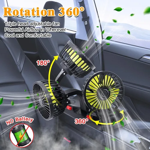 Miniatura 3 de Ventilador de triple cabezal para auto, aire acondicionado portátil para auto con rotación de 360° Enchufe para encendedor de cigarrillos para auto