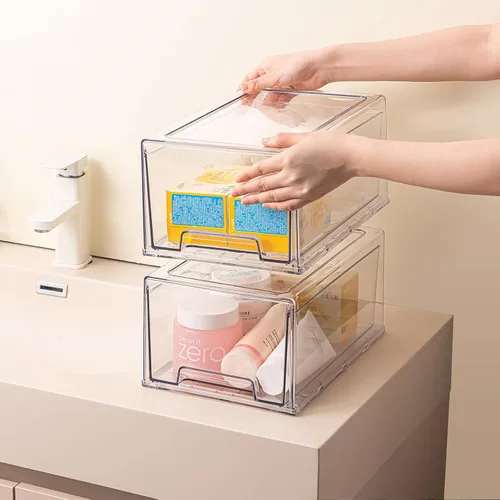 Miniatura 5 de Paquete de 2 cajones de almacenamiento apilables, contenedores organizadores de plástico transparente con asas para debajo del fregadero, armario