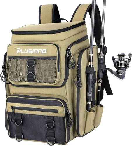 Miniatura 14 de PLUSINNO Mochila de aparejos de pesca con soportes para cañas, 42L resistente al agua bolsa de pesca tienda equipo de pesca, regalos de pescador