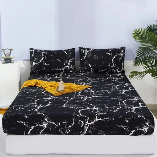 Miniatura 7 de KAREVER Juego de sábanas de mármol negro, juego de ropa de cama de 4 piezas con diseño geométrico de mármol, 1 sábana bajera, 1 sábana encimera