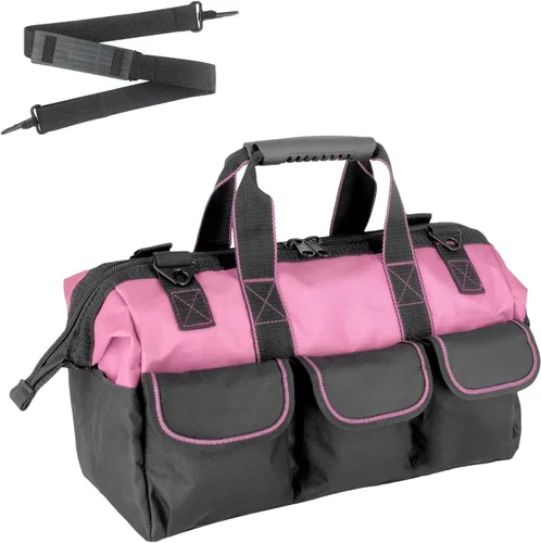 Miniatura 11 de Bolsa de herramientas morada de 16 pulgadas para mujer, correa de hombro ajustable con pies antideslizantes, 14 bolsillos funcionales, caja