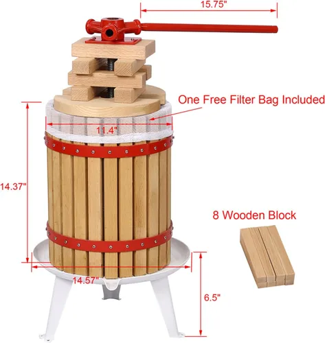 Miniatura 2 de Prensa de vino de frutas de 4.8 galones/18 litros, prensa manual de uva de hierro fundido para elaboración de vino, cesta de madera 100% natural