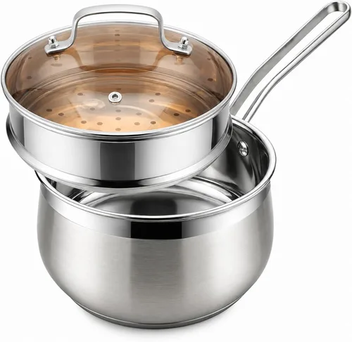 Cacerola de acero inoxidable de 2.5 cuartos de galón con cesta de vapor y tapa de vidrio, olla de sopa pequeña de grado alimenticio de 18/8 con