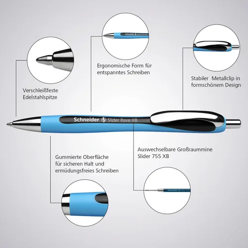 Miniatura 6 de Schneider Slider Rave XB (Extra Broad) - Bolígrafos de punta redonda, recargables + retráctiles, 1.4 mm, barril azul claro, tinta azul, caja de 5