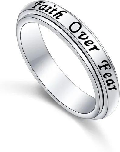 Anillo de plata de ley 925 con texto en inglés God Jewelry grabado con texto en inglés Faith Over Fear Heart Cross, regalo religioso para mujeres,