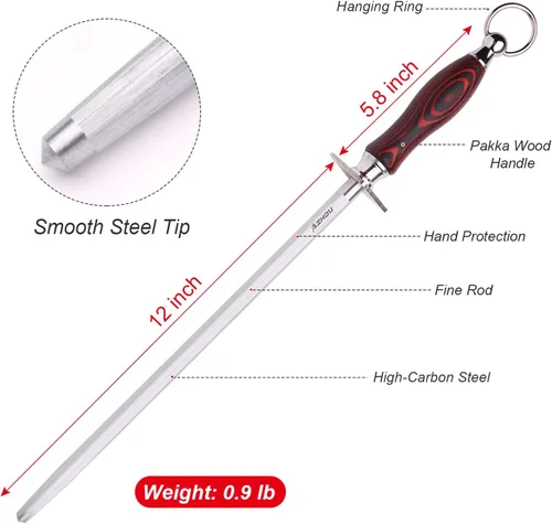 Miniatura 2 de Azhou Varilla de Afilado Fino de 12 Pulgadas, Varilla Afiladora de Cuchillos de Acero de Alto Carbono HRC 63±2 con Mango de Madera, Afilador