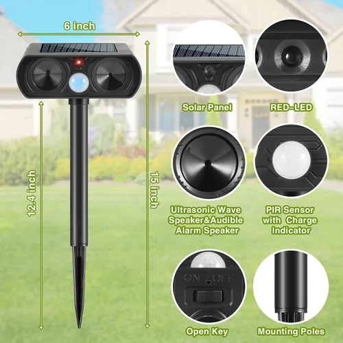 Miniatura 8 de Paquete de 4 repelentes ultrasónicos para gatos al aire libre para mantener a los gatos alejados, repelente solar ultrasónico de animales al aire