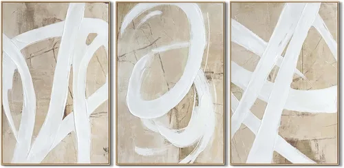 Miniatura 9 de Pintura de Arte de Pared Abstracta Neutra Enmarcada - Decoración de Pared de Lienzo Abstracto Grande con Ilustraciones de Curvas 3D Pintado a Mano