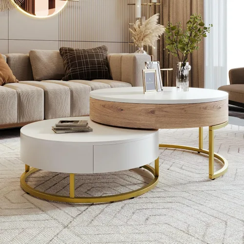 Miniatura 18 de Mesa de café redonda, mesa de café moderna de 31.5" con 2 cajones grandes de almacenamiento, tapa de mesa con patrón de mármol, mesa central