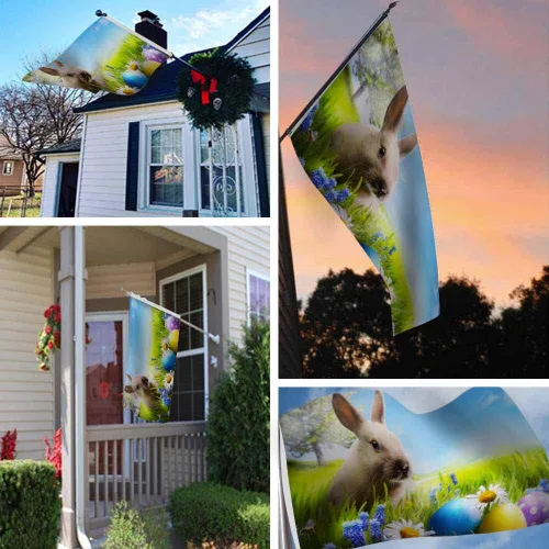 Miniatura 6 de Yekiua Bandera de conejo de Pascua, huevos de 3 x 5 en hierba verde con margaritas, flores resistentes a la decoloración UV, color vivo, cabecera