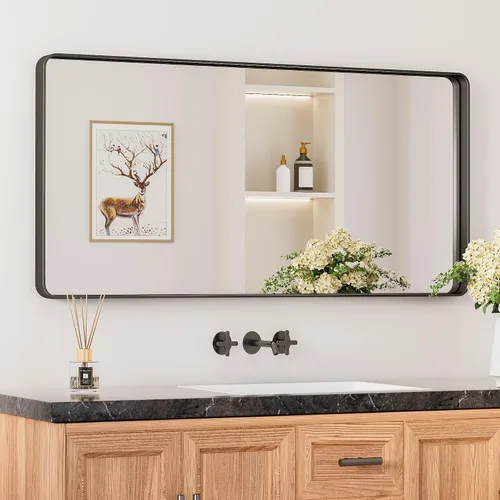 Miniatura 20 de Keonjinn Espejos de baño negros para sobre el fregadero, espejos cuadrados grandes de 36 x 36 pulgadas para pared, espejo rectangular redondeado