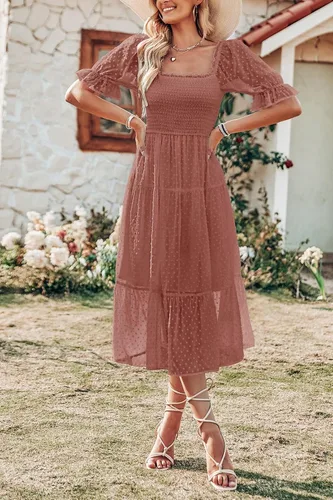 Miniatura 6 de MEROKEETY - Vestido de verano con lunares suizos para mujer vestido midi con cuello cuadrado, mangas abombadas, volados, lazo en la espalda