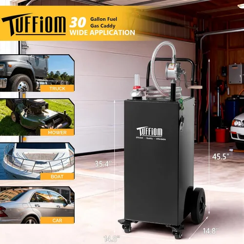 Miniatura 7 de TUFFIOM Carrito de gas portátil de 30 galones con ruedas giratorias, tanque de almacenamiento de combustible, lata diésel de gasolina con bomba