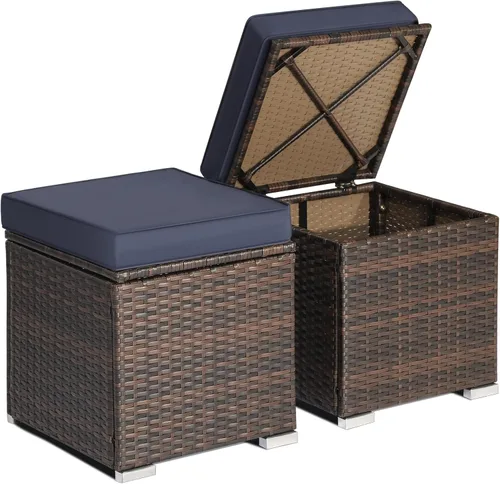 Miniatura 14 de RELAX4LIFE Otomana de mimbre para almacenamiento al aire libre, reposapiés de ratán de 2 piezas con cojín extraíble, reposapiés multiusos, mesa Rojo
