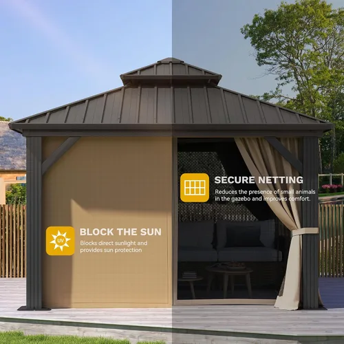 Miniatura 4 de DWVO Gazebo de techo rígido de 10 x 10 pies, techo doble con redes y cortinas, techo de rayas verticales de acero galvanizado resistente para patio