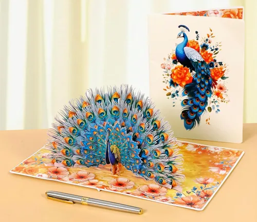 Miniatura 5 de CUTPOPUP - Tarjetas de cumpleaños emergentes de pavo real para mujer, tarjeta de felicitación de flores de cumpleaños 3D para su esposa, madre