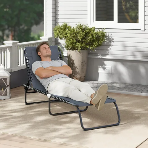 Miniatura 8 de Outsunny Tumbona plegable, silla de bronceado para patio, tumbona para exteriores con respaldo reclinable de 4 posiciones, asiento de malla Gris