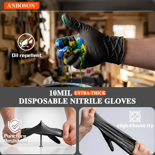 Miniatura 3 de ANBOSON Guantes de nitrilo desechables de 10 mil de goma negra resistente a los productos químicos, guantes de mecánico resistentes, sin látex