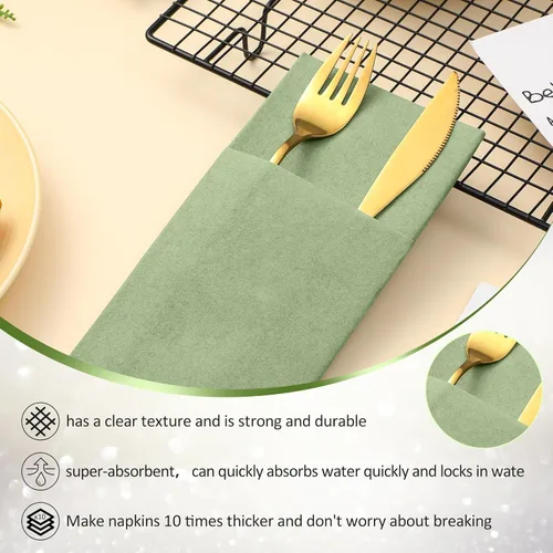 Miniatura 4 de Seajan 35 servilletas de lino de bolsillo, servilletas desechables de papel airlaid preplegadas con bolsillo integrado para cubiertos para Verde